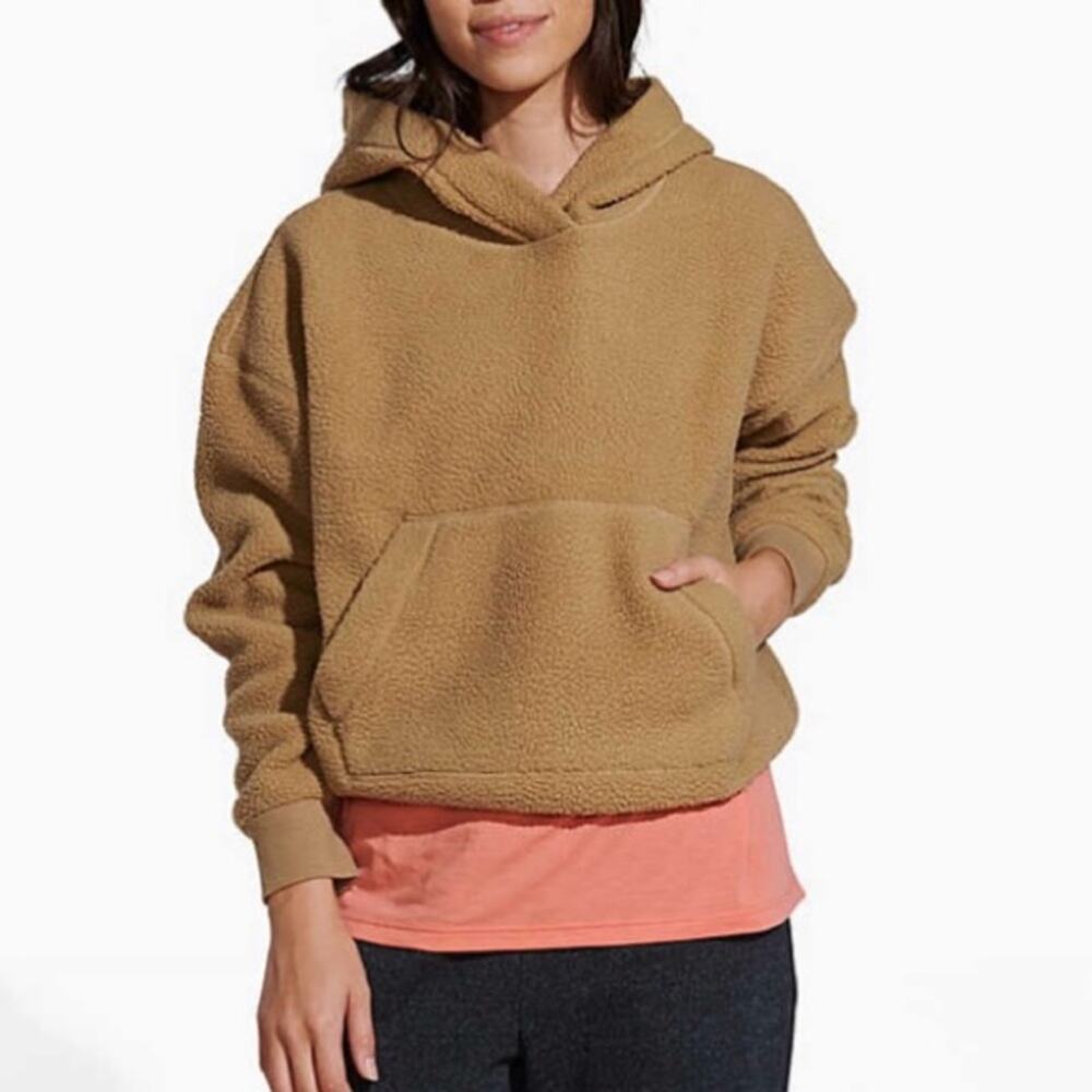 MERRELL Tan Sherpa Cropped Oversized Hoody With Kangaroo Pockets Size Small
